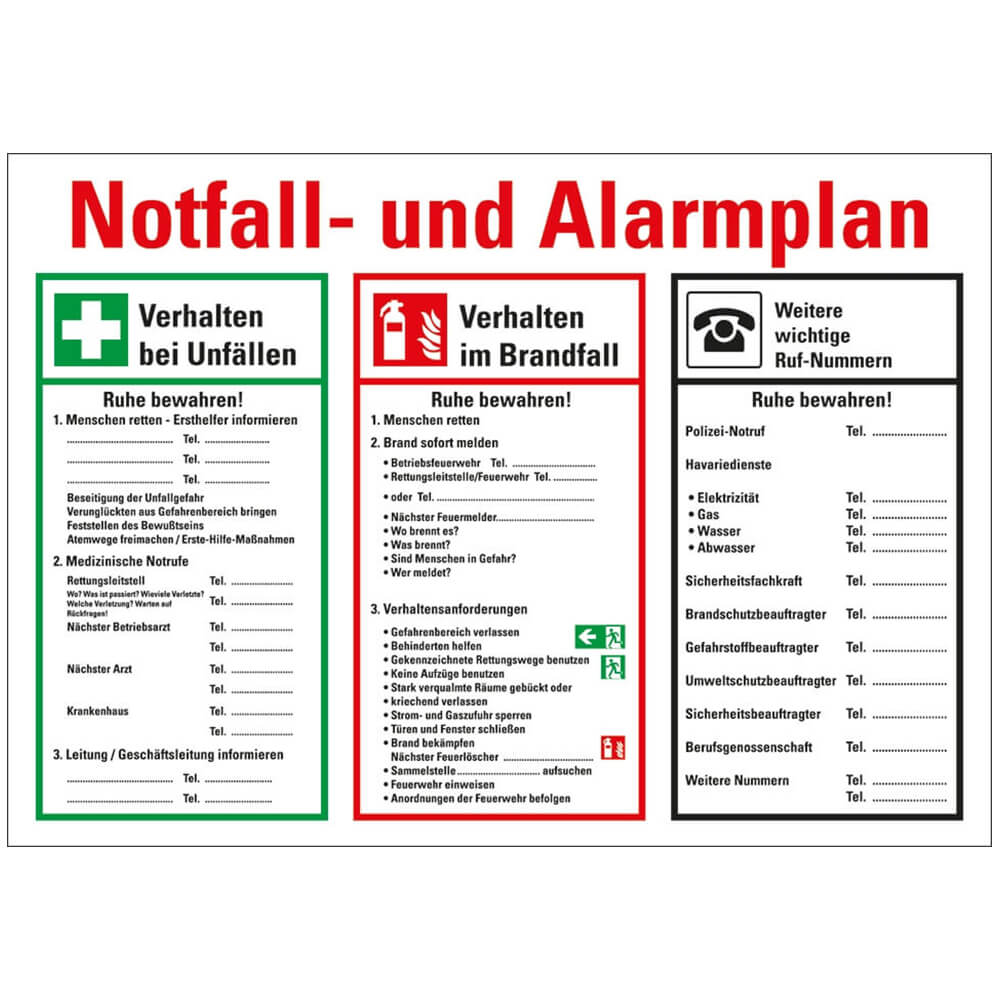 Notfall Und Alarmplan Muster Aushang Am Arbeitsplatz - Notfall- Und  Alarmplan - Kunststoff - 50 X 70 Cm Verbandskasten Betrieb, image size:1000x1000