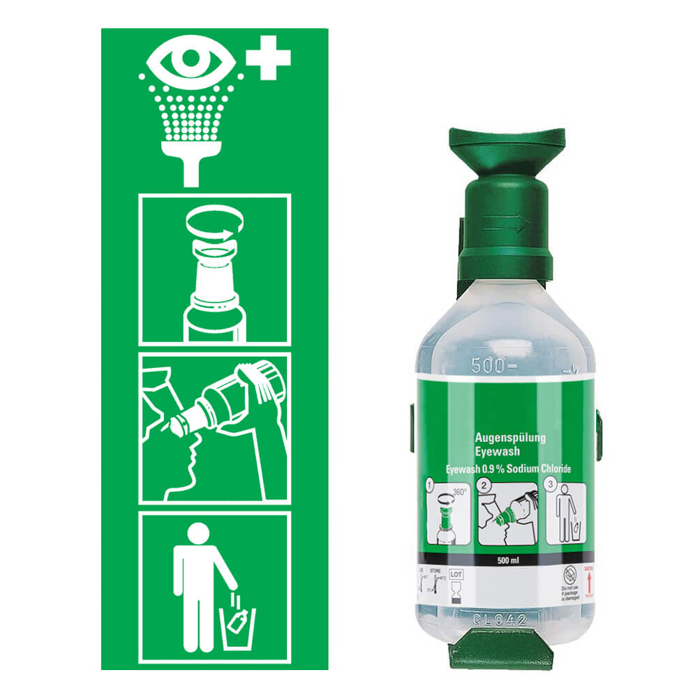 PLUM Augenspülstation mit Stahl-Wandhalterung, inkl. 500 ml-Flasche NaCl