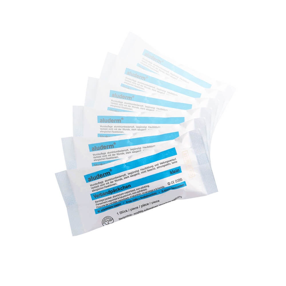 BIGPACK ALUDERM Verbandpäckchen klein, 6x8cm Wundkompresse, 3m x 6cm, 250 Stück