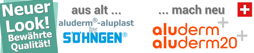 Das alte Logo aluderm-aluplast by Söhngen wird durch zwei neue Logos für aluderm+ (steril) und aluderm20+ (steril) ersetzt