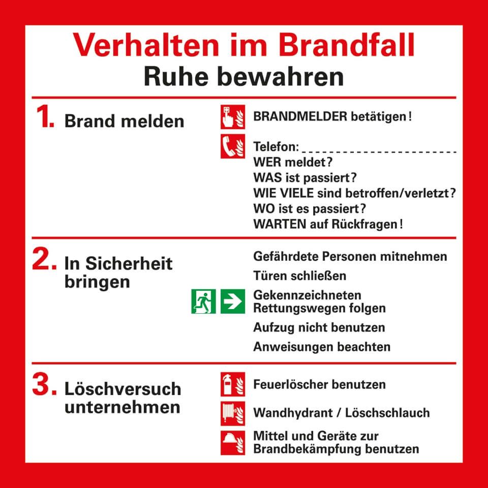 Verhalten Im Brandfall Schild | 20x20 Cm Hartschaumplatte | Aushang Für Notfall & Brandschutz